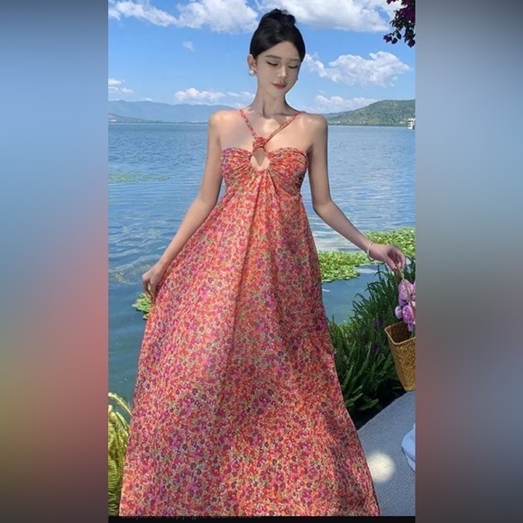 Dresses & Skirts - 3D Rosette Ditsy Maxi Dress Chiffon Silk Slip Floral Love Flower NEW Suzette